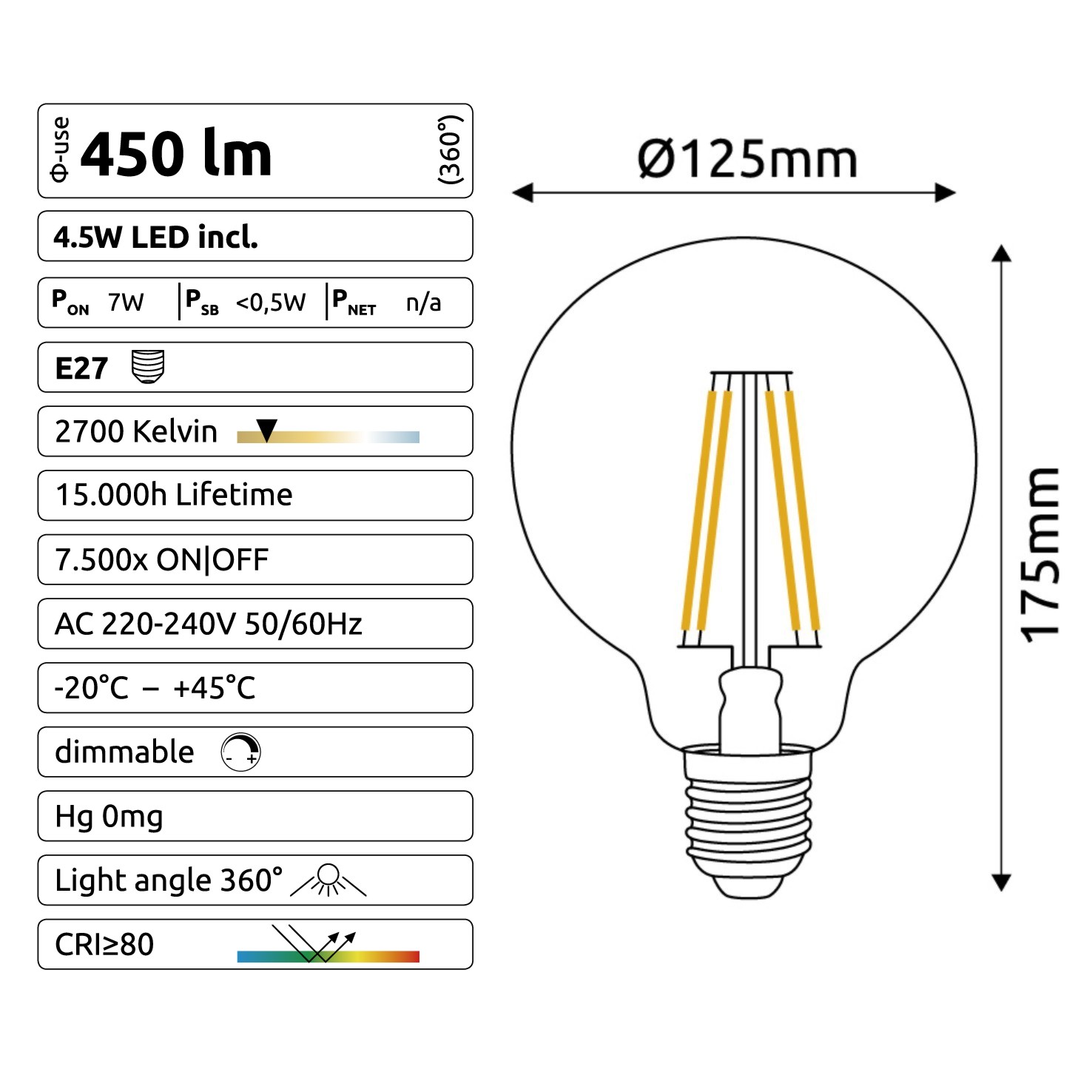 [C920] C920 - E27/G125 - 4,5W - 450 lm - Dim. - 2700°K - Milky