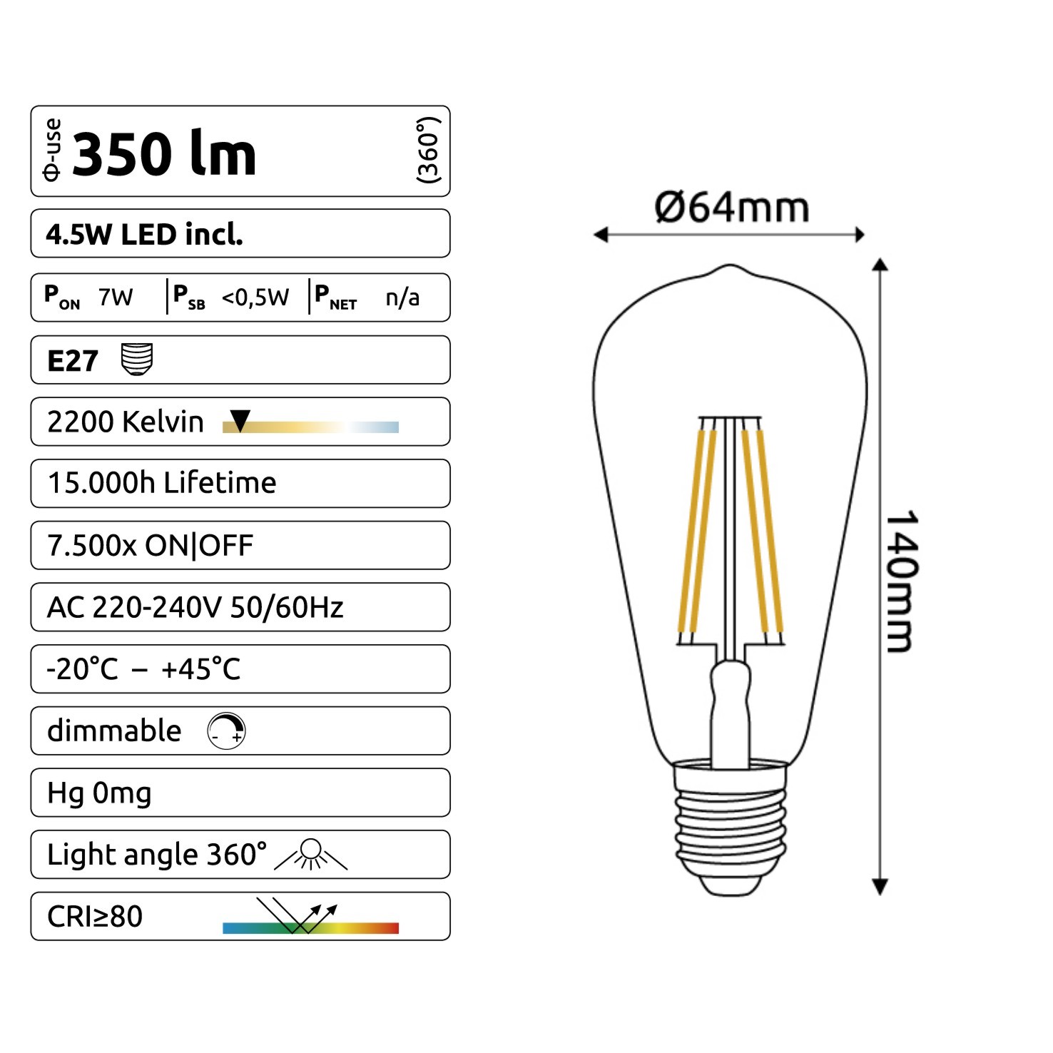 [C722] C722 - E27/ST64 -4,5W - 450 lm - Dim. -2200°K - Vintage