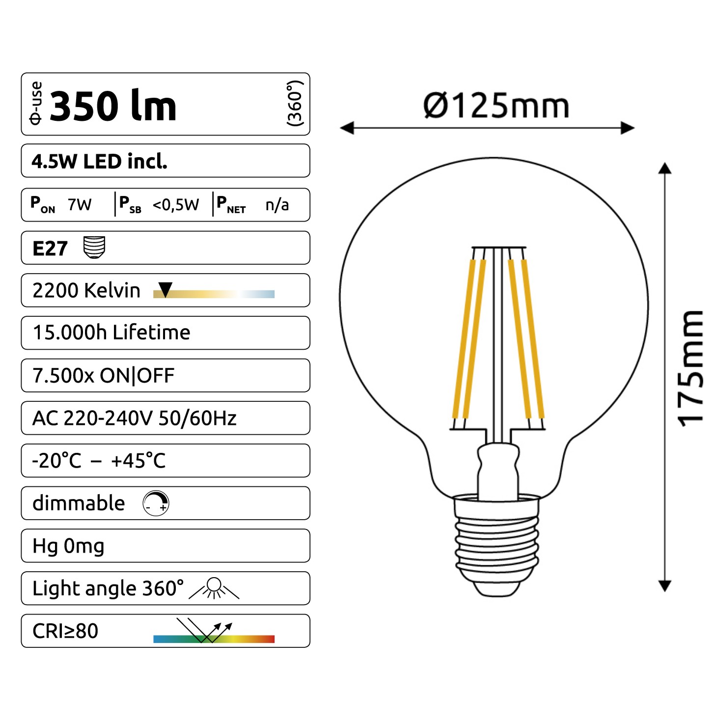 [C922] C922 - E27/G125 - 4,5W - 450 lm - Dim. - 2200°K - Vintage