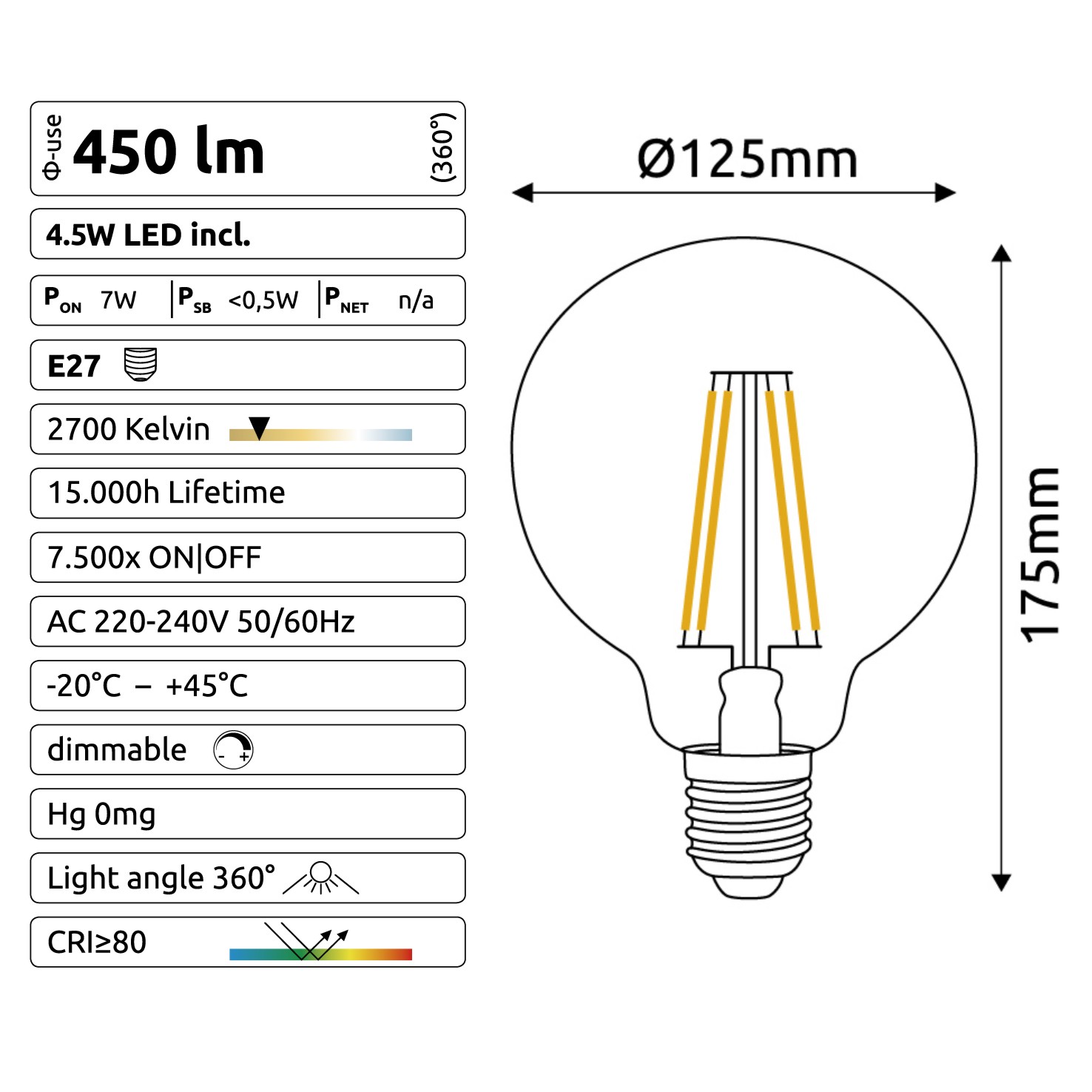 [C923] C923 - E27/G125 - 4,5W - 450 lm - Dim. - 2700°K - Clear