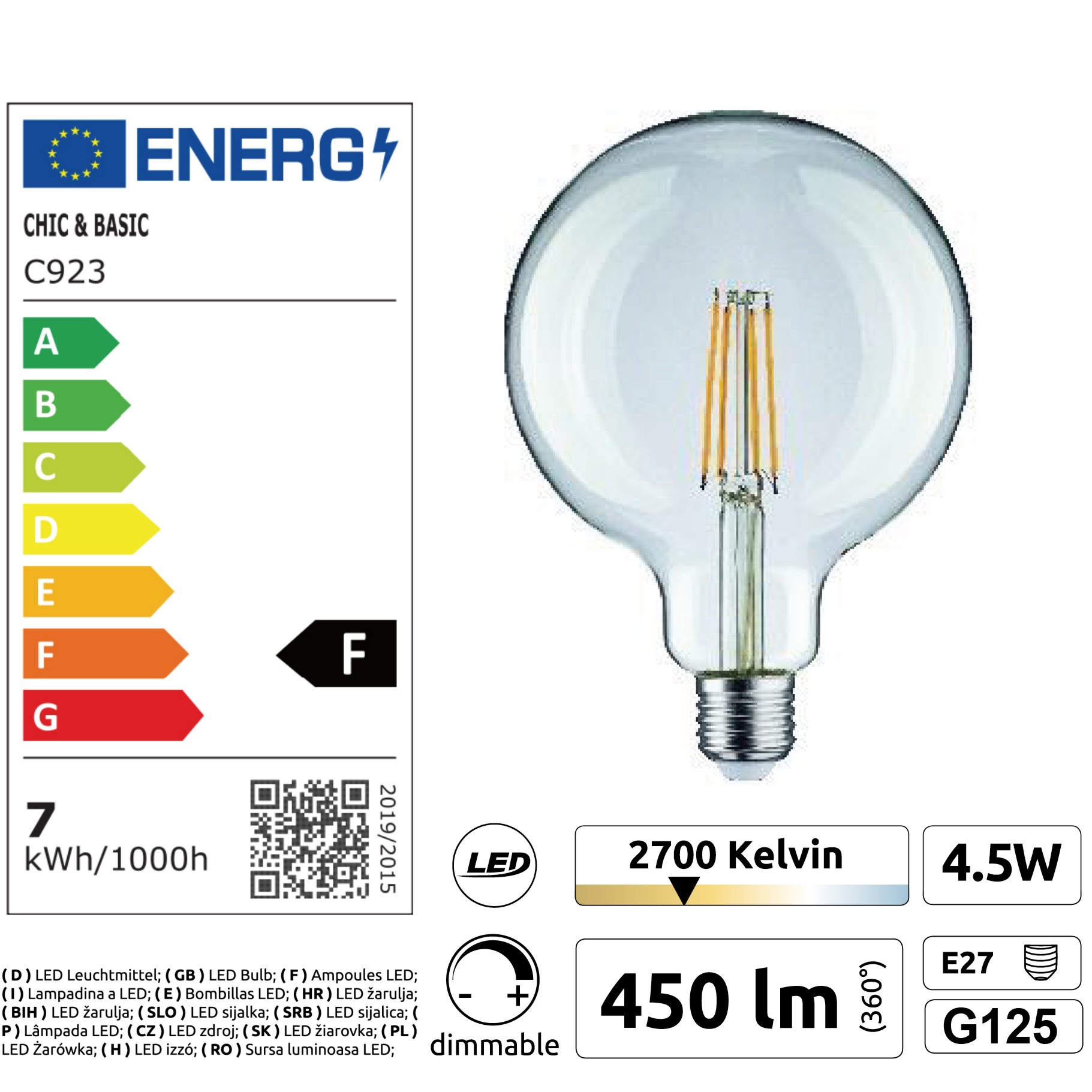 [C923] C923 - E27/G125 - 4,5W - 450 lm - Dim. - 2700°K - Clear