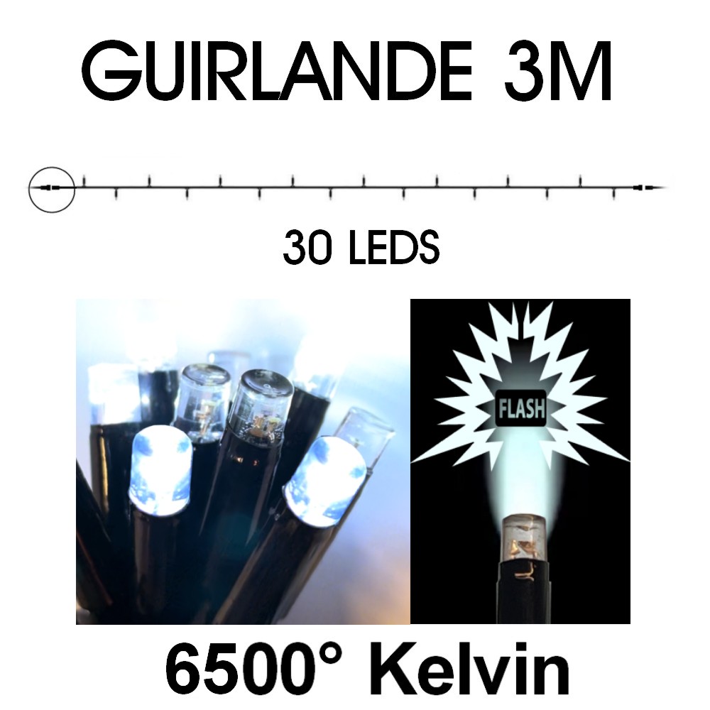 [9513] EXTENSION - Guirlande 30 LEDS (Flash) - 3 m - Fil Noir - Blanc Froid 6500°k