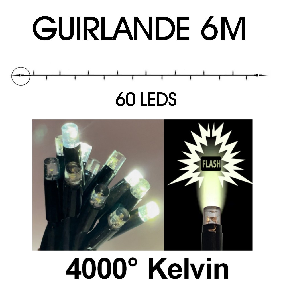 [9522] EXTENSION - Guirlande 60 LEDS (Flash) - 6 m - Fil Noir - Blanc Chaud 4000°K