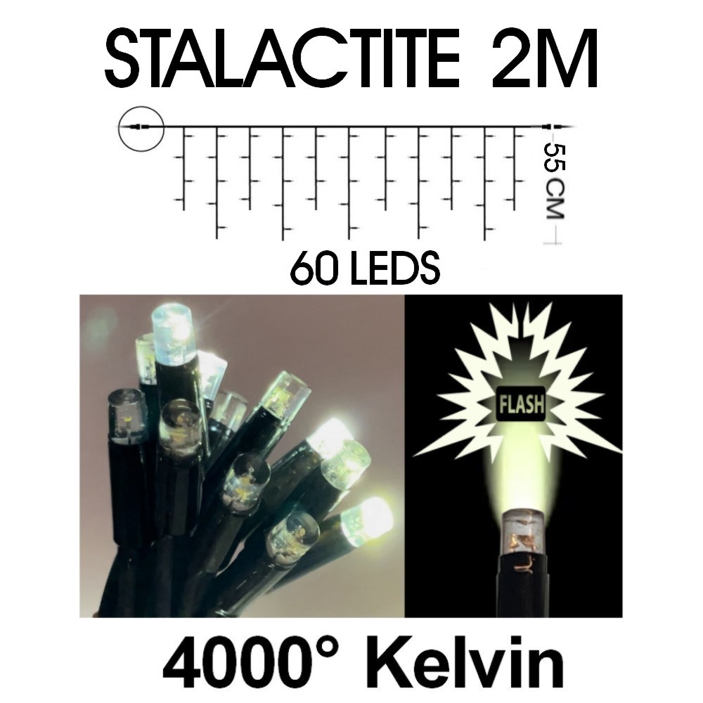 [9532] EXTENSION - Stalactite 60 LEDS (Flash) - L 2 m x H 55 cm -  Fil Noir - Blanc Chaud 4000°K