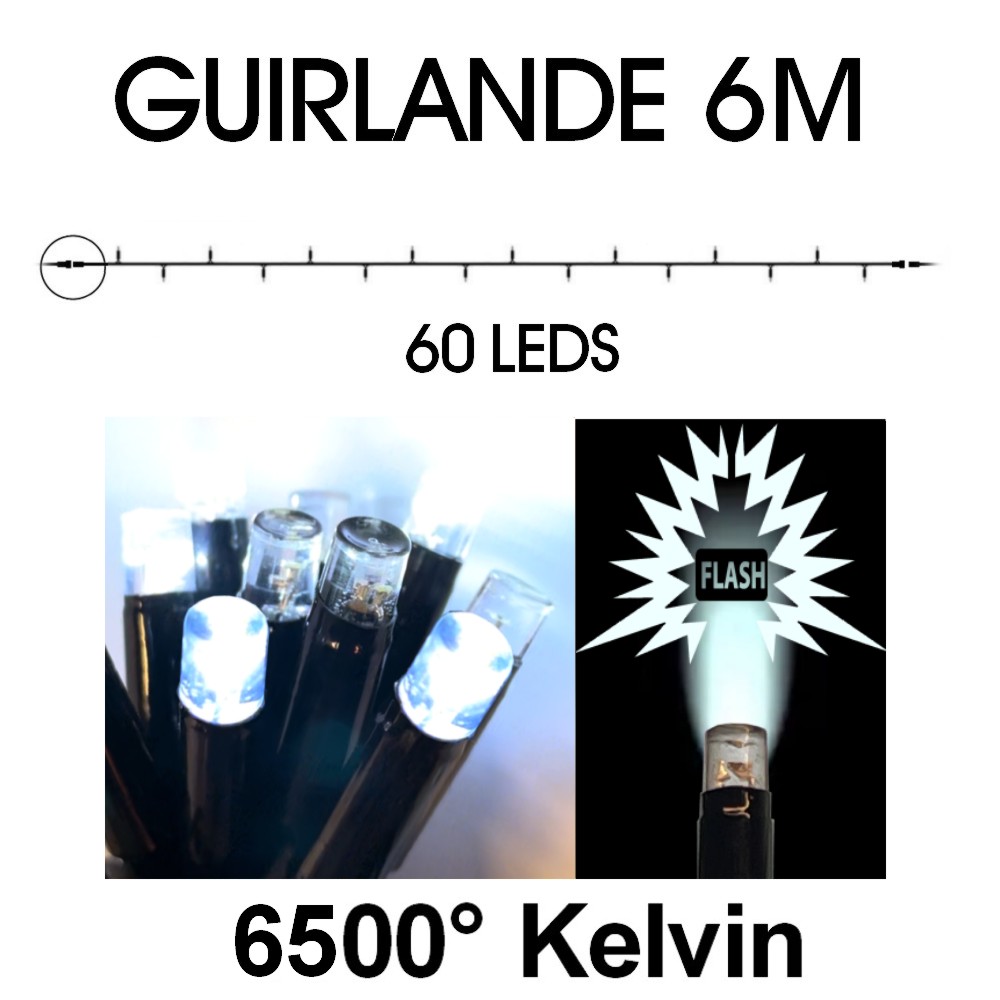[9523] EXTENSION - Guirlande 60 LEDS (Flash) - 6 m - Fil Noir - Blanc Froid 6500°K