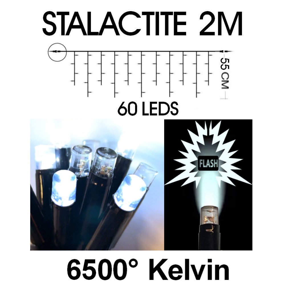 [9533] EXTENSION - Stalactite 60 LEDS (Flash) - L 2 m x H 55 cm -  Fil Noir - Blanc Froid 6500°K