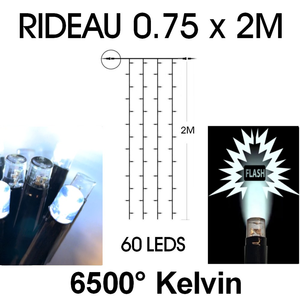 [9553] EXTENSION - Rideau long 60 LEDS (Flash) - Larg. 0,75m x Ht 200cm - Fil Noir - Blanc Froid 6500°K