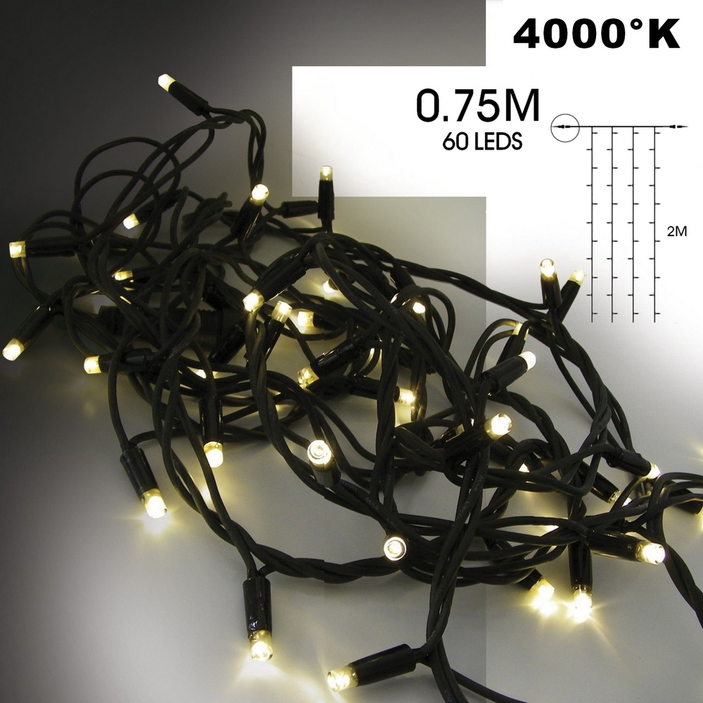 [9552] 9552 - EXTENSION - Rideau long 60 LEDS (Flash) - Larg. 0,75m x Ht 200cm - Fil Noir - Blanc Chaud 4000°K