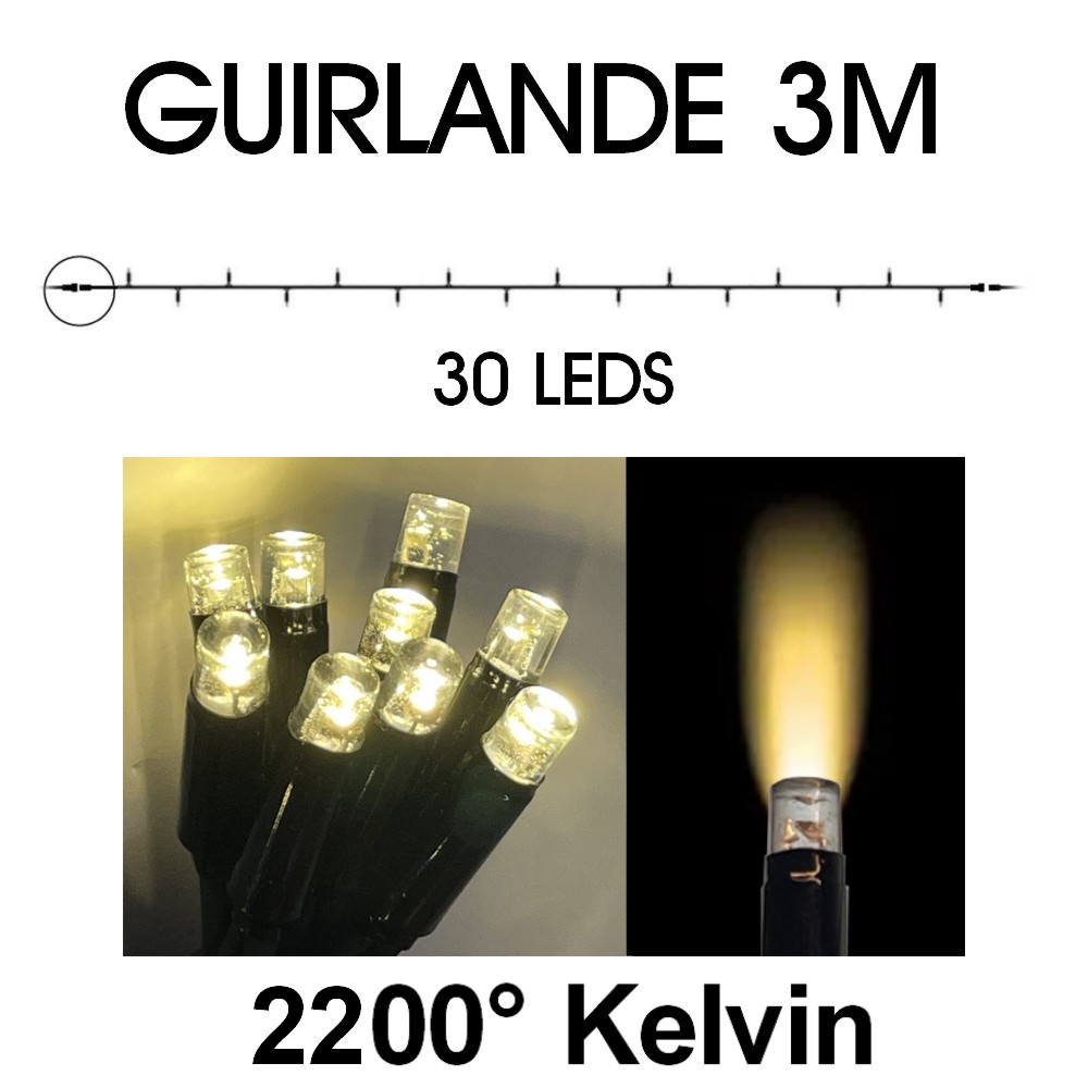 [9510] 9510 - EXTENSION - Guirlande 30 LEDS (Fixe) - 3 m - Fil Noir - Blanc Chaud 2200°k