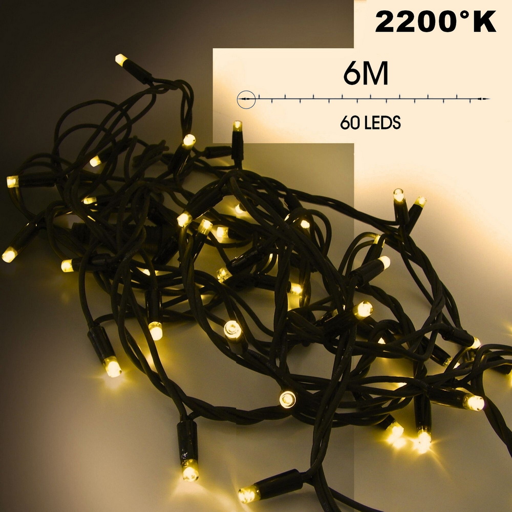 [9520] 9520 - EXTENSION - Guirlande 60 LEDS (Fixe) - 6 m - Fil Noir - Blanc Chaud 2200°k
