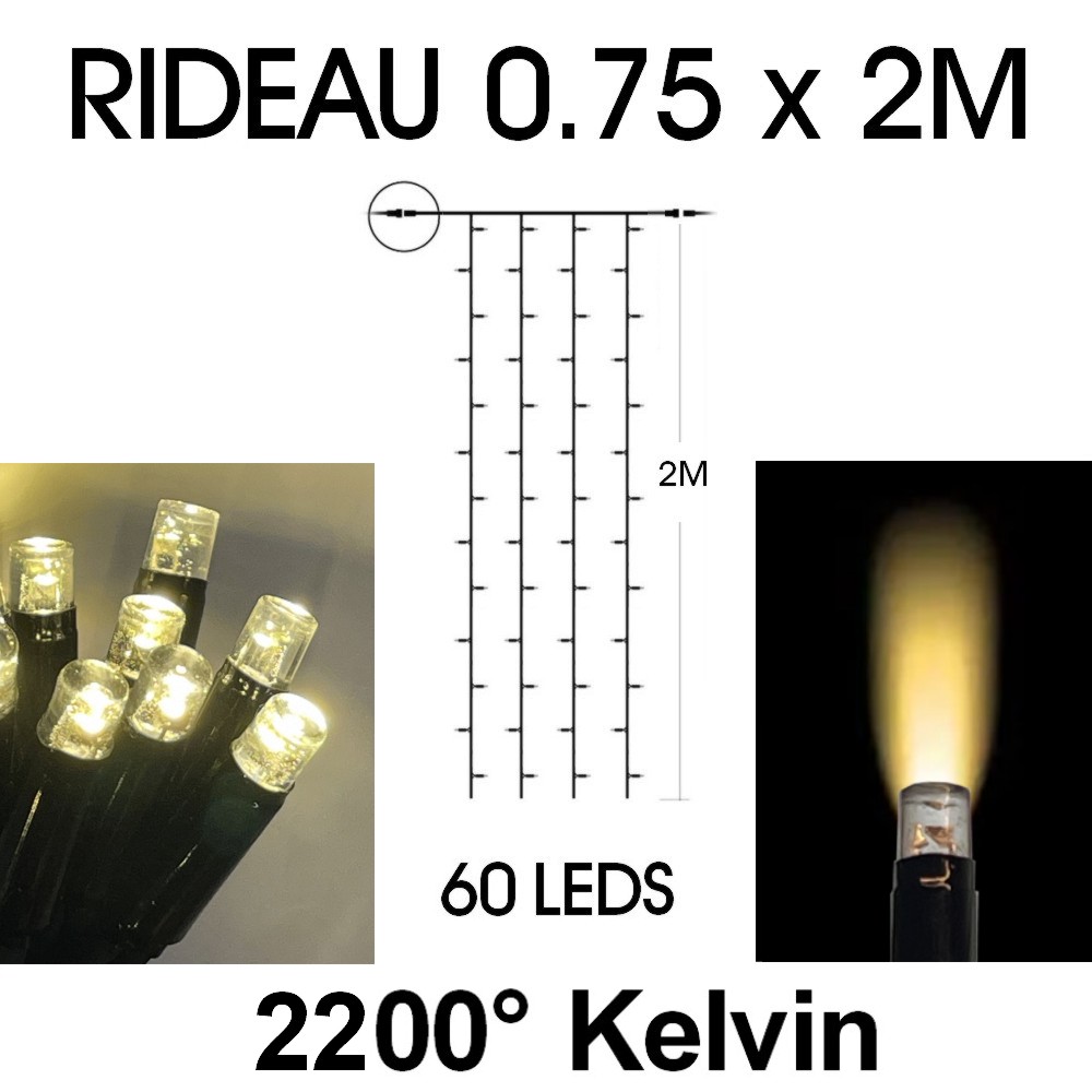 [9550] 9550 - EXTENSION - Rideau long 60 LEDS (fixe) - Larg. 0,75m x Ht 200cm - Fil Noir - Blanc Chaud 2200°K