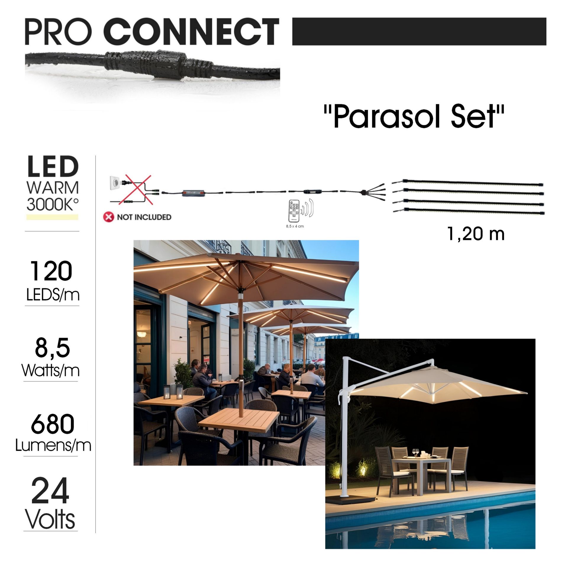 [1014] 1014 - Kit Parasol : 4 Bandeau Lumineux Silicone -1cm x 1,2 m + Telc.