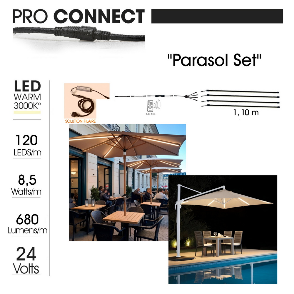 [1014] 1014 - Kit Parasol Filiare 230/24V : 4 Bandeau Lumineux Silicone -1cm x 1,15 m + Telc.