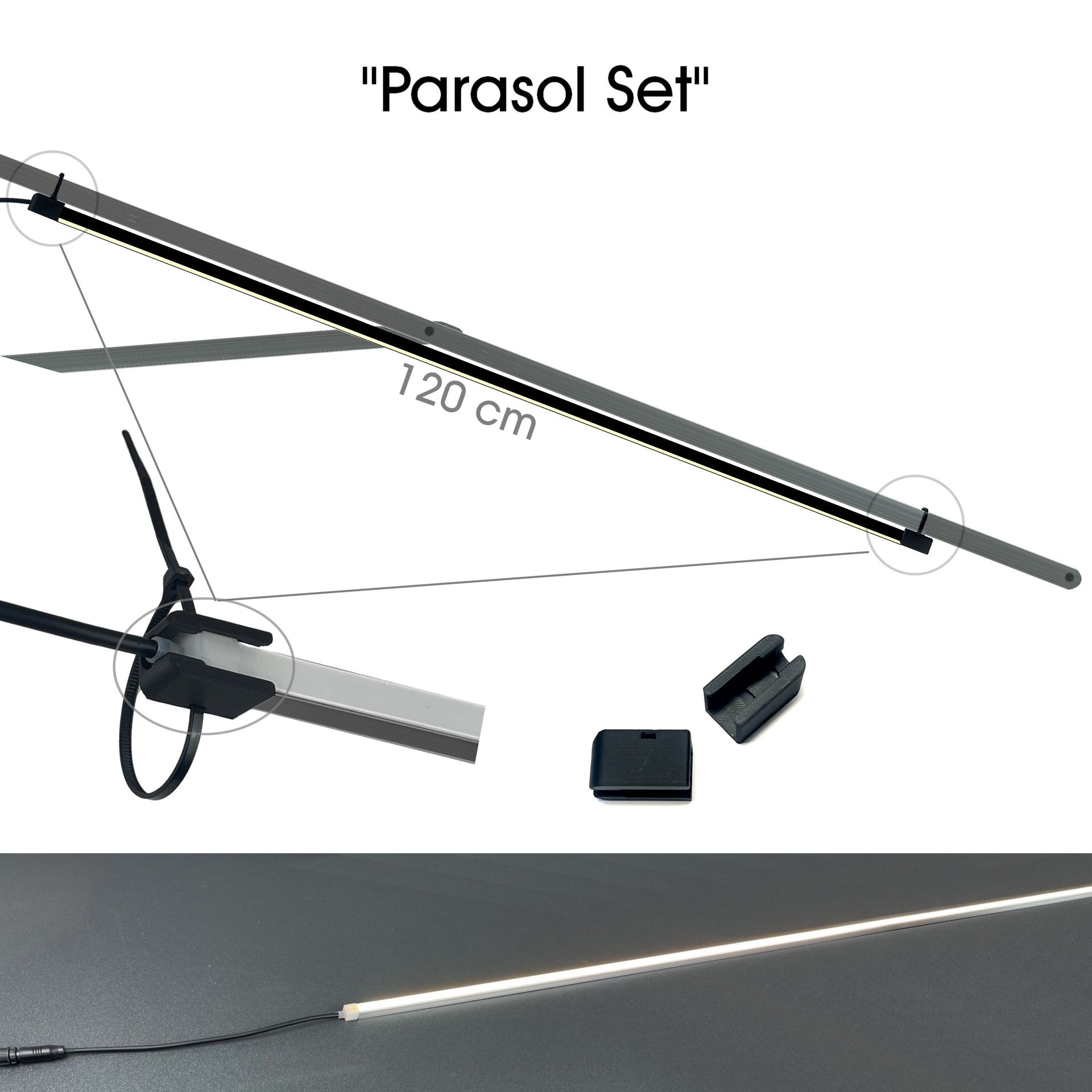 [1014] 1014 - Kit Parasol : 4 Bandeau Lumineux Silicone -1cm x 1,2 m + Telc.