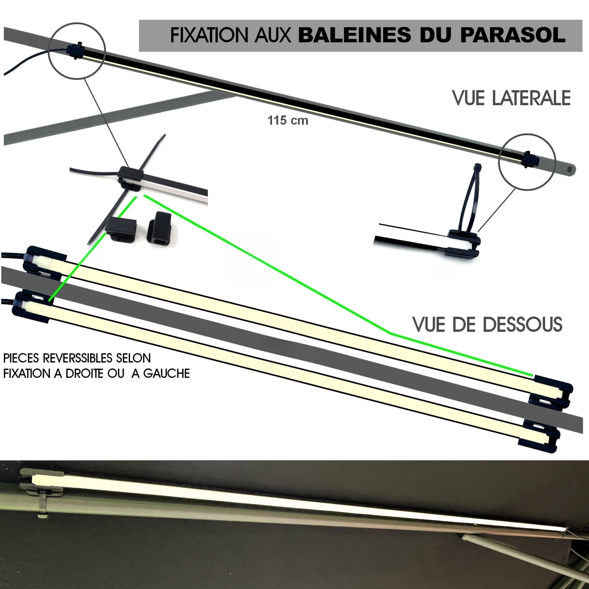 [1014] 1014 - Kit Parasol : 4 Bandeau Lumineux Silicone -1cm x 1,2 m + Telc.