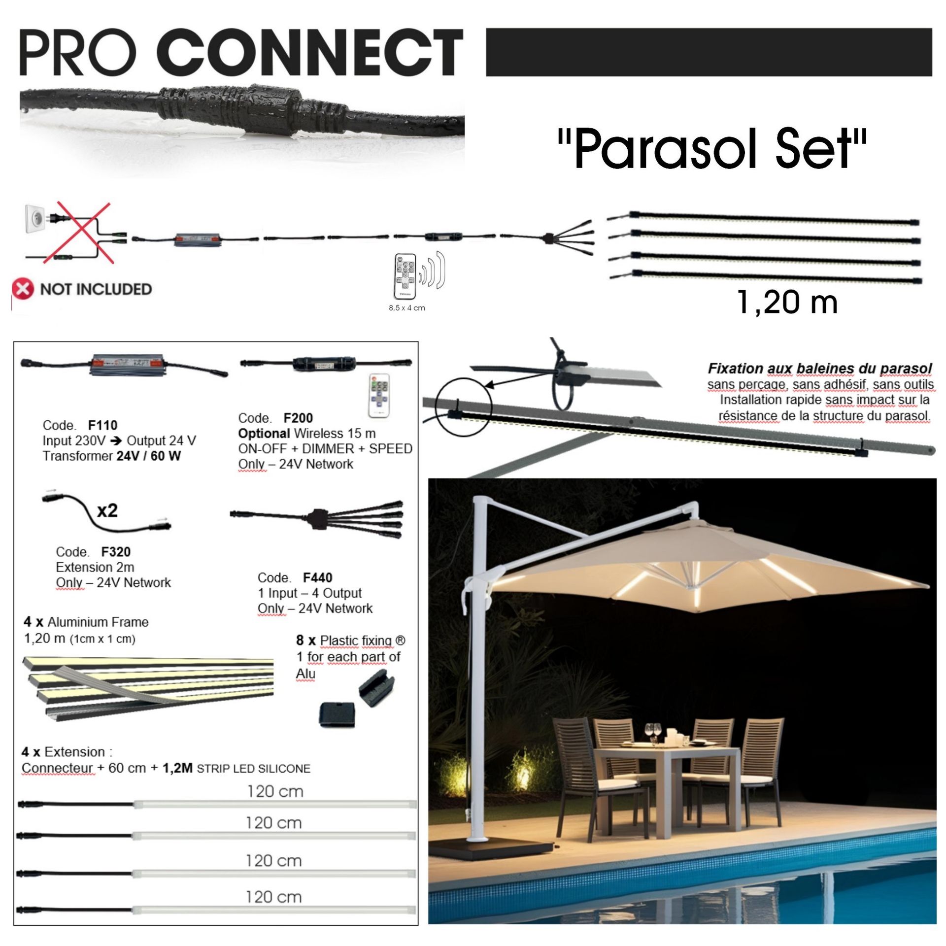 [1014] 1014 - Kit Parasol : 4 Bandeau Lumineux Silicone -1cm x 1,2 m + Telc.