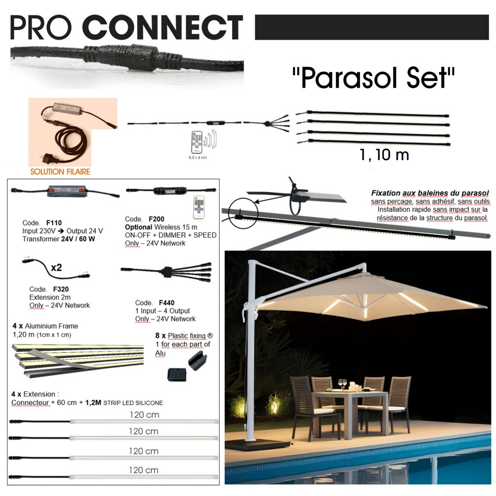 [1014] 1014 - Kit Parasol Filiare 230/24V : 4 Bandeau Lumineux Silicone -1cm x 1,15 m + Telc.