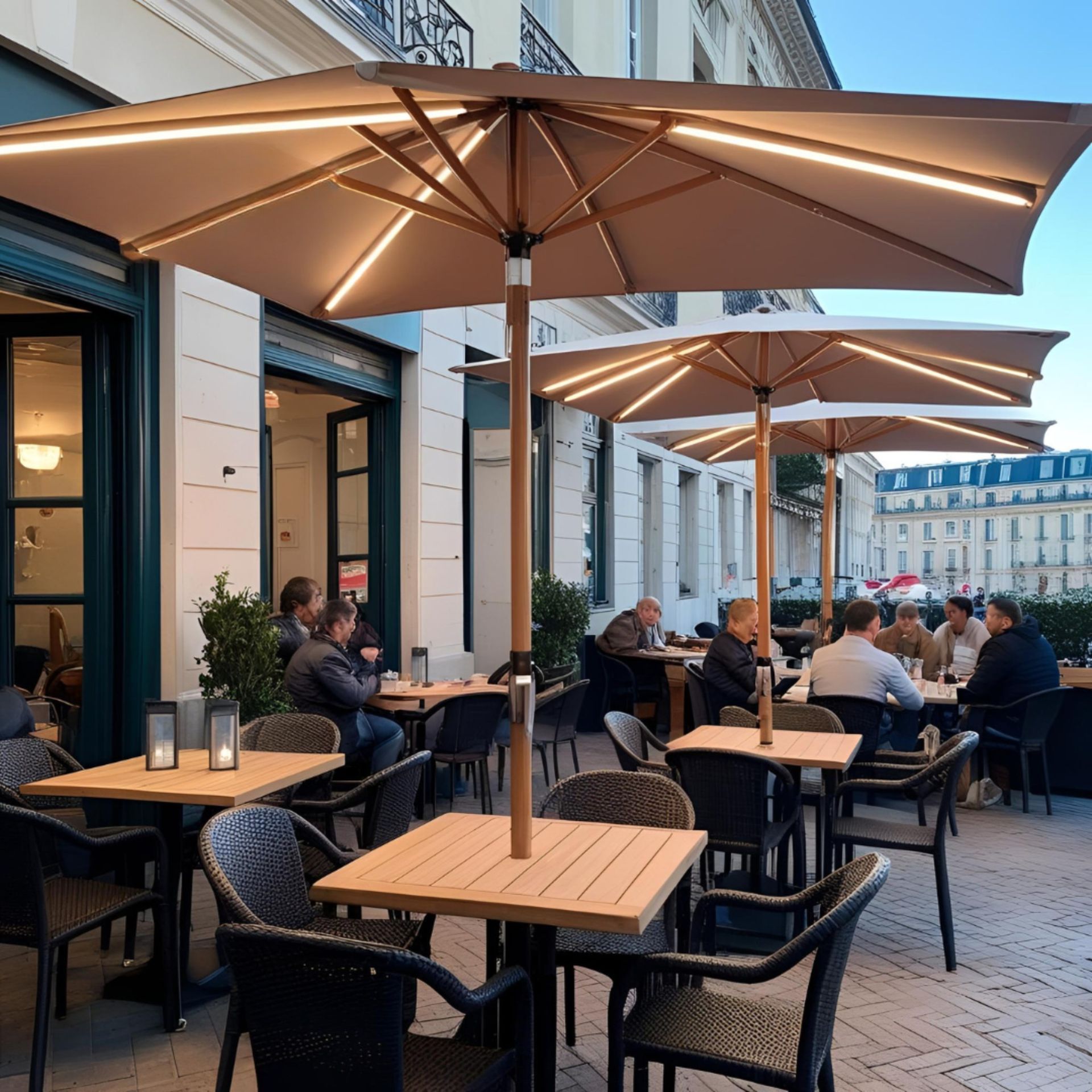 [1014] 1014 - Kit Parasol  : 4 Bande SILICONE LED - 1,1 m x larg 1 cm - livré avec 4 Rails Alu Noir amovibles - 4x9,35 W - 120 Led/m - 680 lm/m - Trsf. 60 W - 24V - Blanc chaud 3000°k + Telecommande