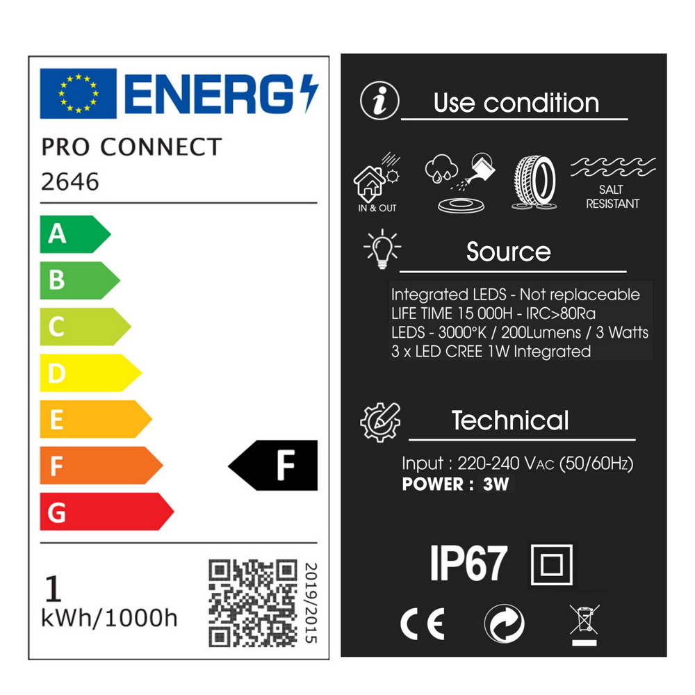 [2646-D401] 2646-D401 - Encastré béton Ø 52mm 3W 3000°K - Top INOX 1 fenêtre