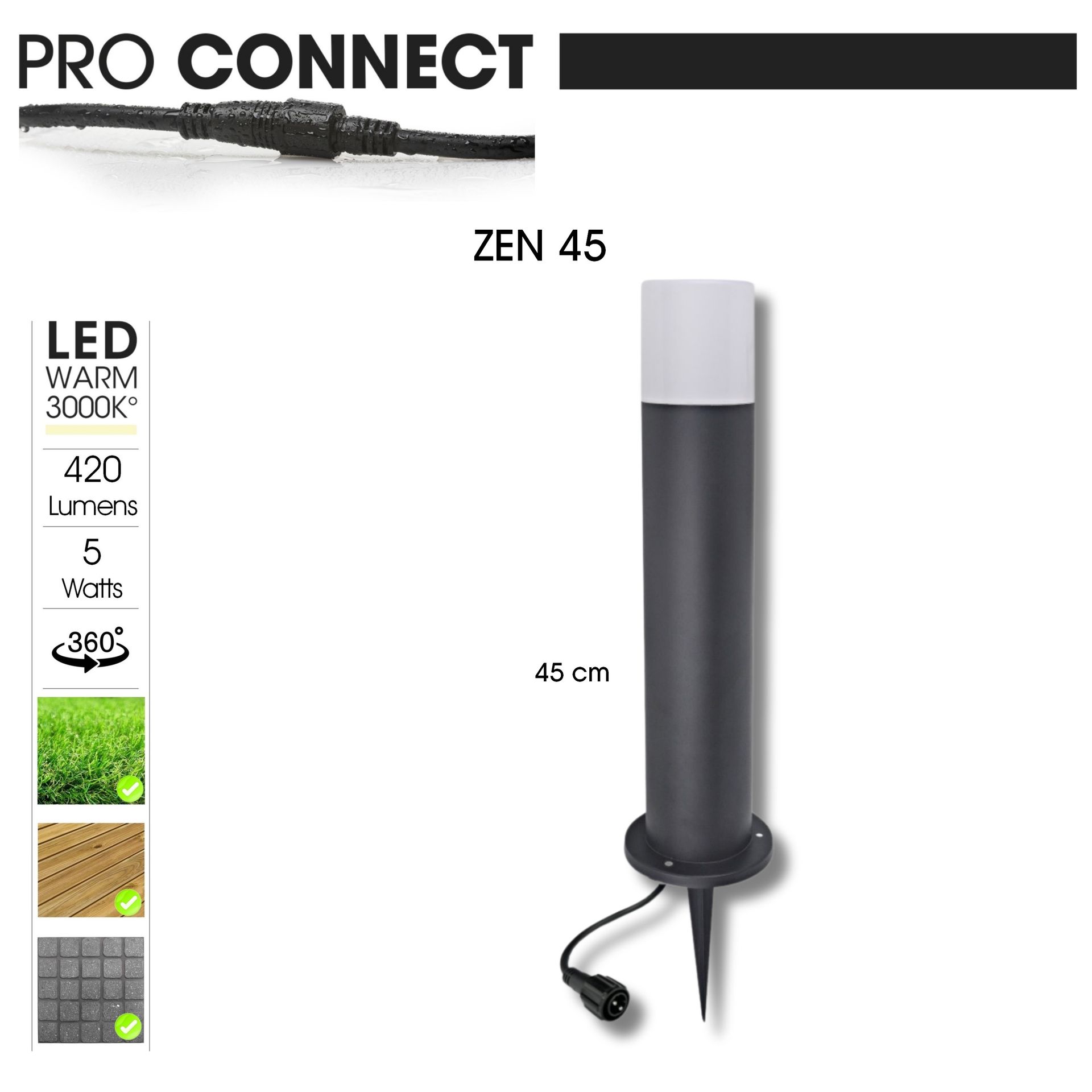 [4223] 4223 - Borne Noire ZEN, Ø 7,6cm + Piquet Ht 45cm