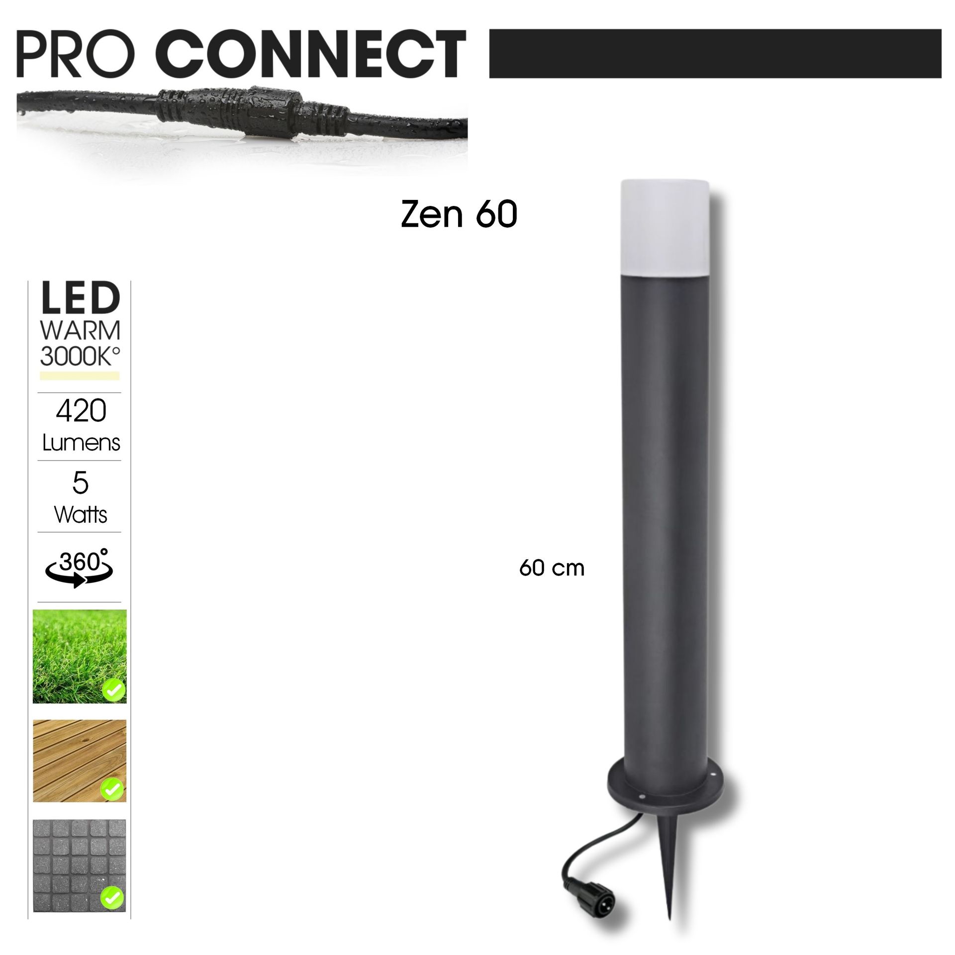 [4224] 4224 - Borne Noire ZEN, Ø 7,6cm + Piquet Ht 60cm