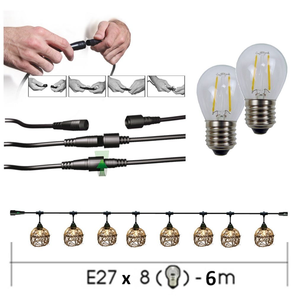 [8606-33-60L] 8606-G33-60L - Guirlande 6m 8xE27 Rattan Ball