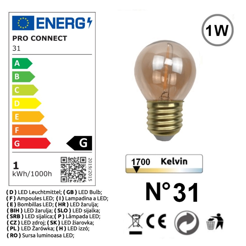 [G31] G31 - Amp. E27/G45 Fil. LED 1W 1700K - Antic