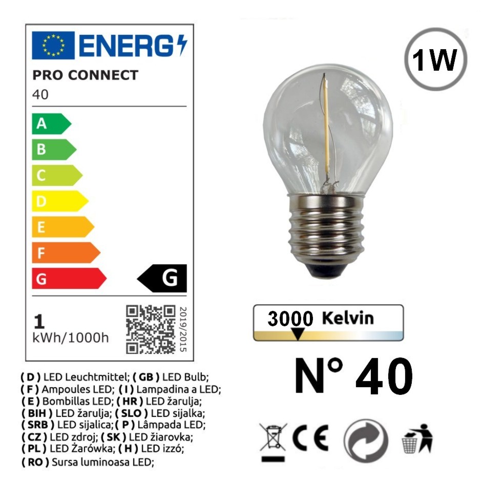 [G40] G40 - Amp. E27/G45 Fil. LED 1W 3000K