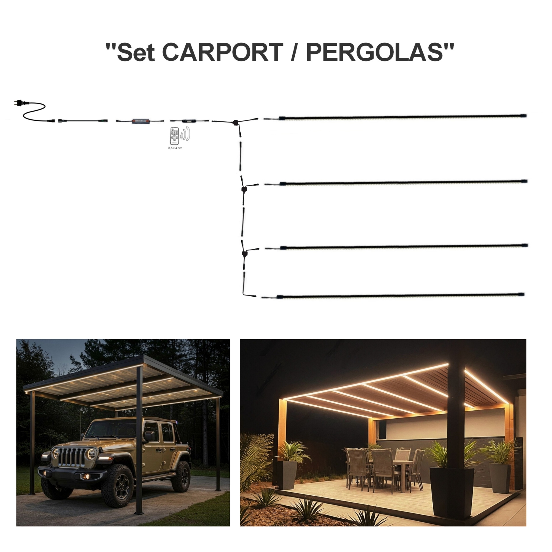 [1024] 1024 - Kit Carport / Pergola : 4 Bandeau Lumineux Silicone -2,5 m + Accessoires