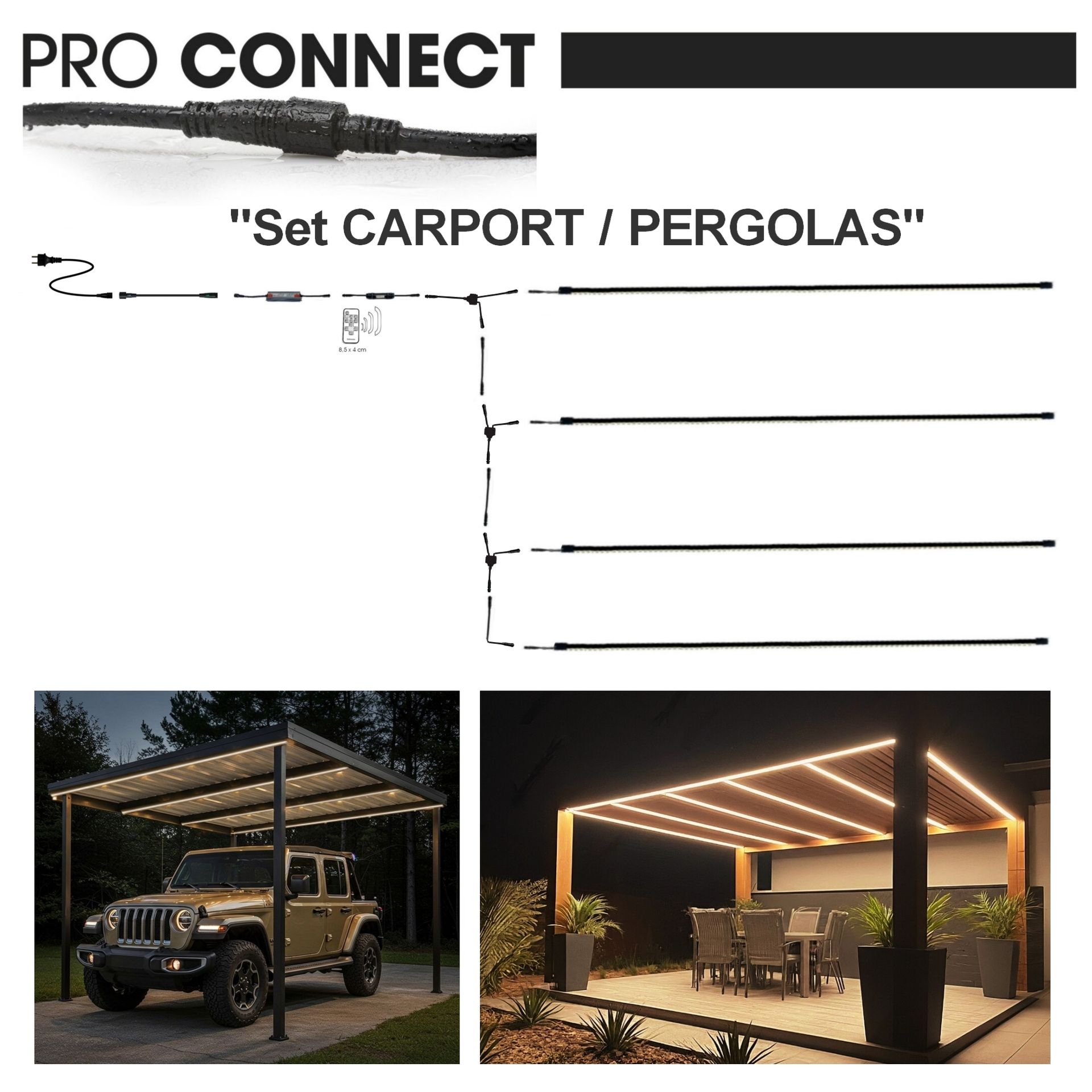 [1024] 1024 - Kit Carport / Pergola : 4 Bandeau Lumineux Silicone -2,5 m + Accessoires