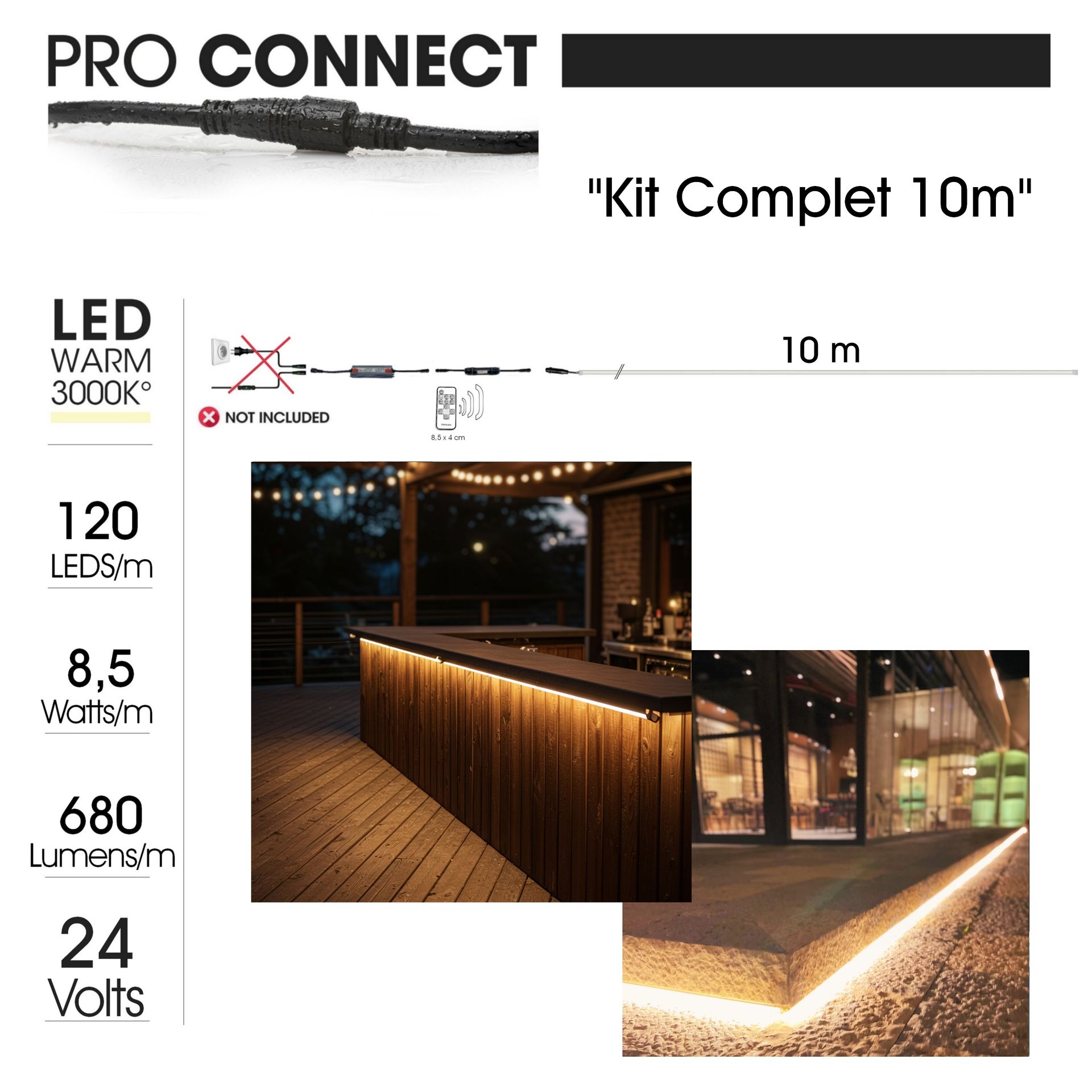 [1064+] 1064+ - Bandeau Lumineux Silicone - 10 m x 1cm + Télc. + Clips + Bouchons + Colle