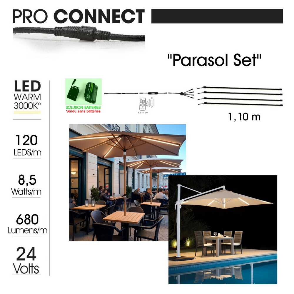 [1014 B] 1014 B - Kit Parasol pour Batteries 24V: 4 Bandeau Lumineux Silicone -1cm x 1,15 m + Telc.