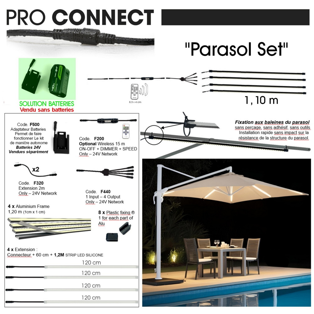 [1014 B] 1014 B - Kit Parasol pour Batteries 24V: 4 Bandeau Lumineux Silicone -1cm x 1,15 m + Telc.