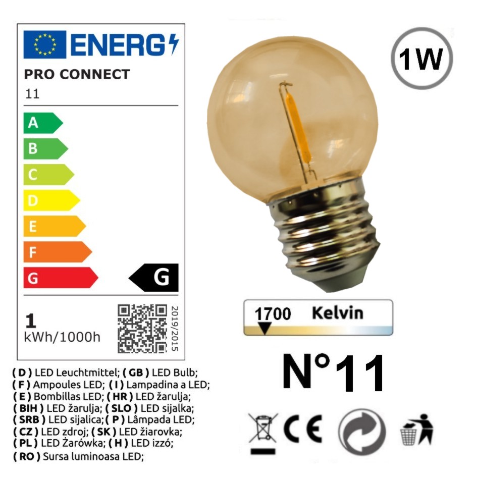 [G11x6] G11x6 - 6 Amp. Incassable E27/G55 Fil. LED 1W 1700K - Antic (Soit 2.95€/pc)